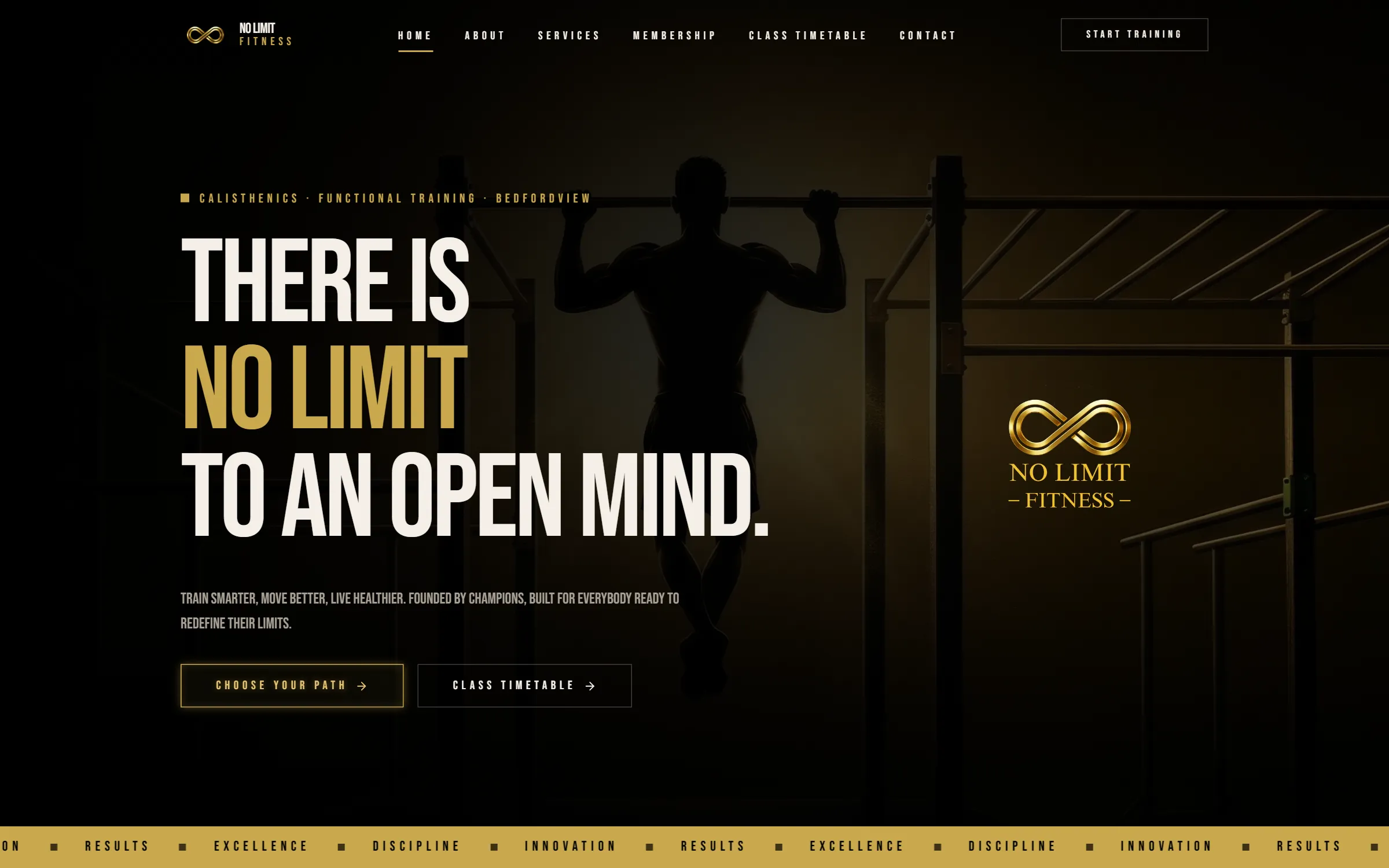 No Limit Fitness homepage — a silhouetted athlete mid pull-up over gold-lit calisthenics rigs