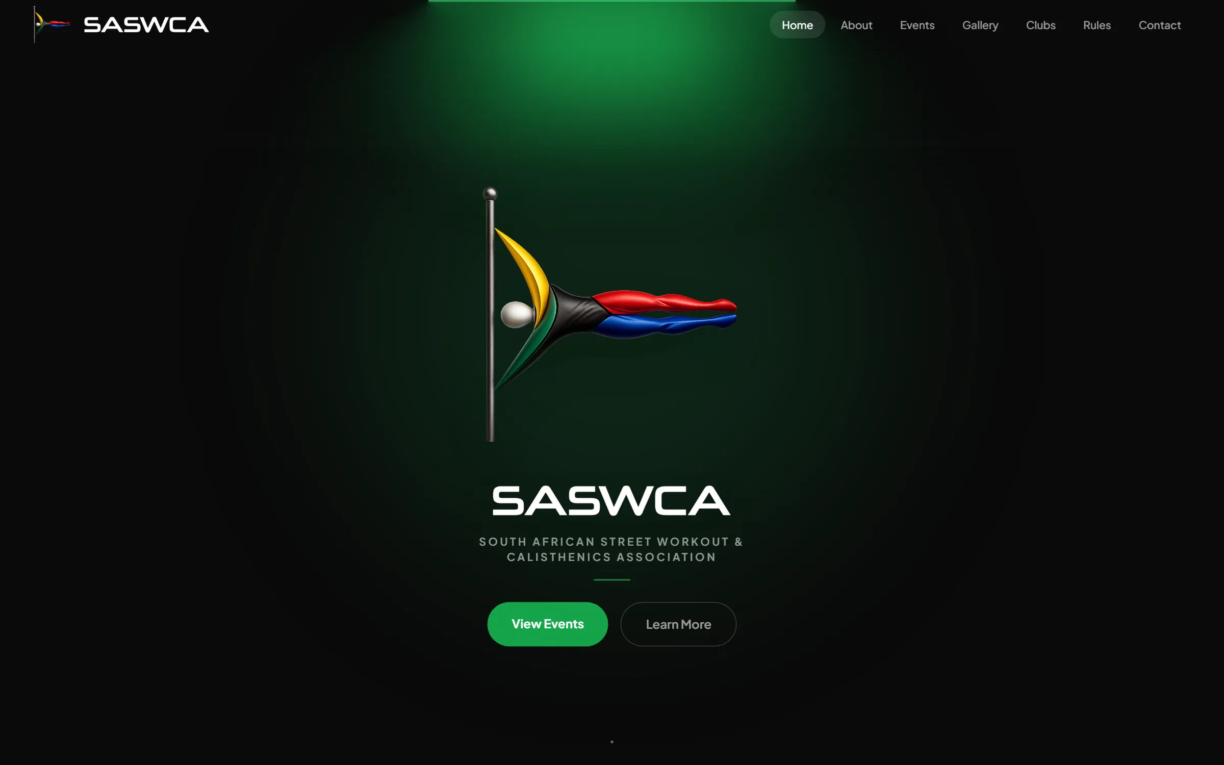 SASWCA homepage — the association flag under a green spotlight on a near-black stage