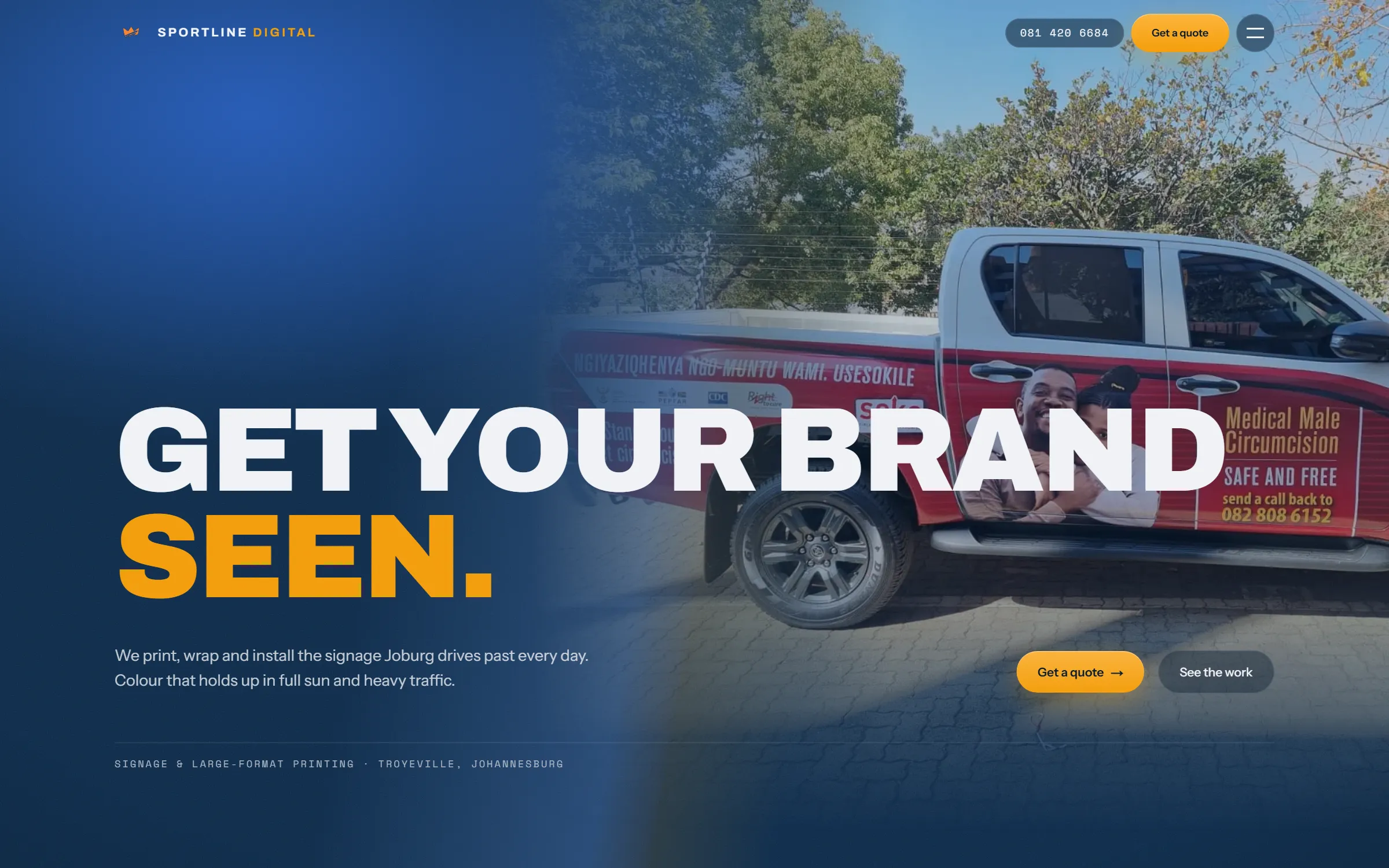 Sportline Digital homepage — a red-wrapped bakkie fills the right of the frame under the headline get your brand seen