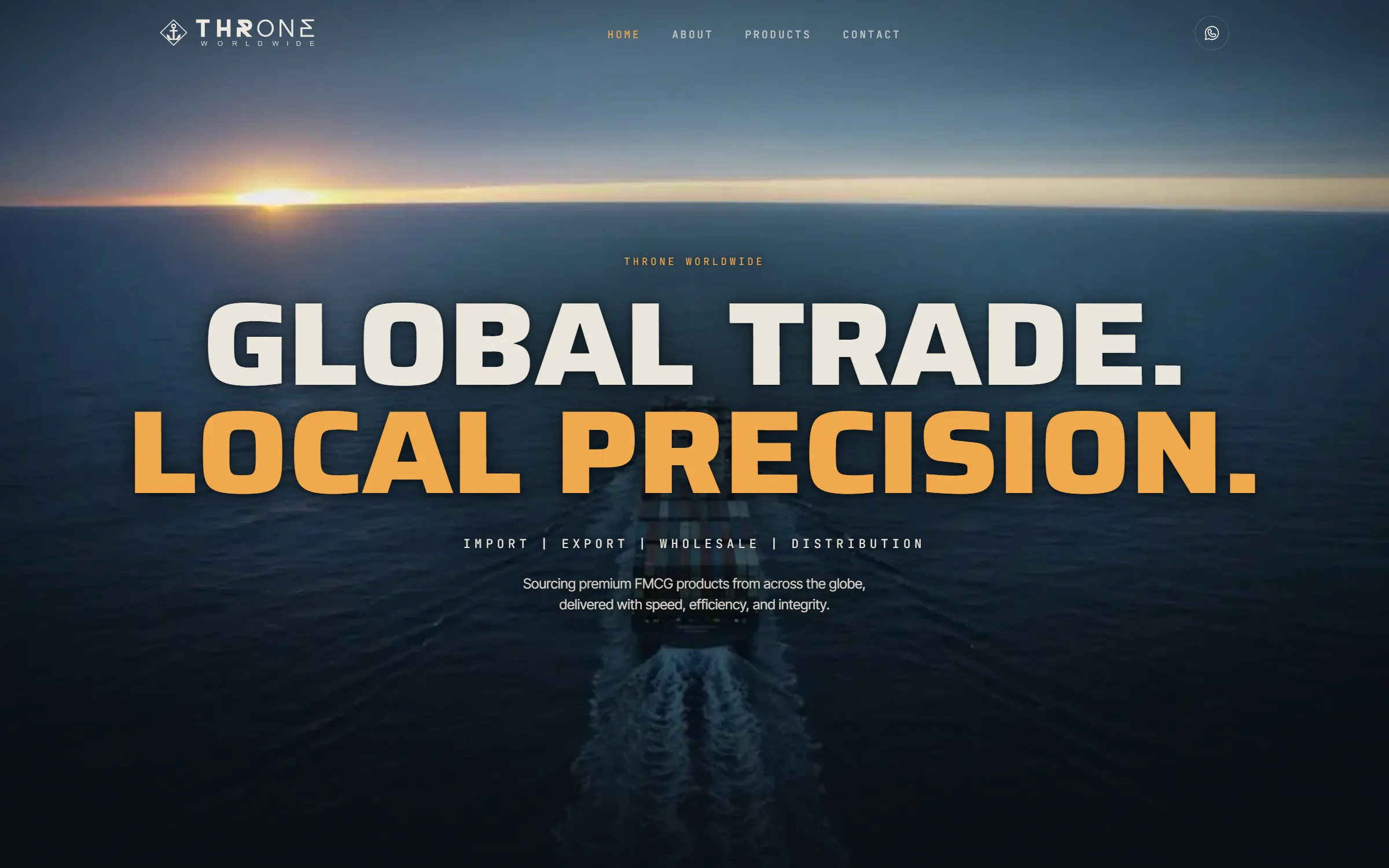 Throne Worldwide homepage — a container vessel steaming toward a low sun under the headline global trade, local precision